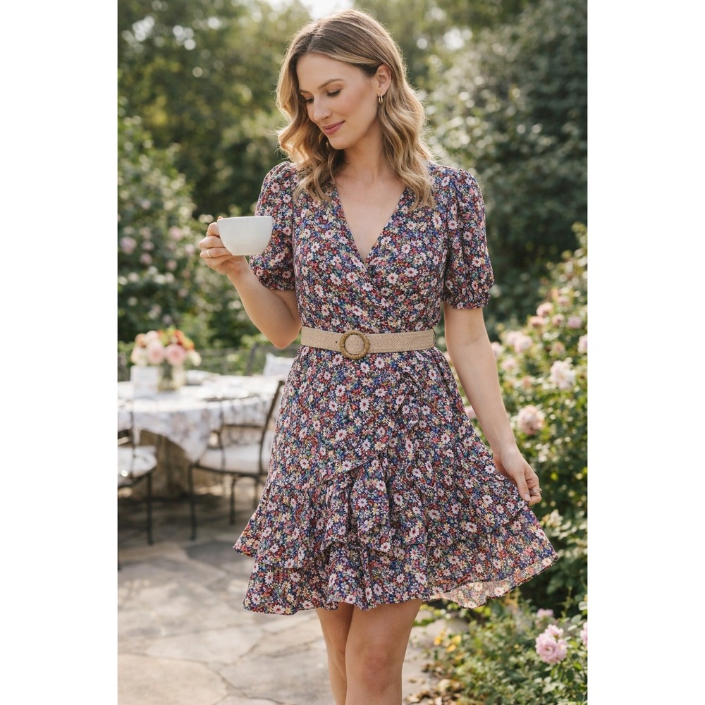 Ever New Floral Wrap Dress Size 4 Ruffle Hem Puff Sleeve Boho Mini